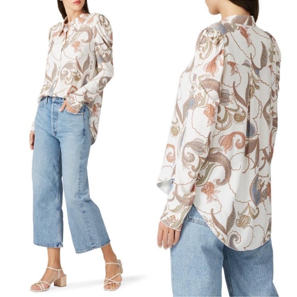 See By Chloe Paisley Puff Long Sleeve Button Down Shirt White, Blue, Tan Small